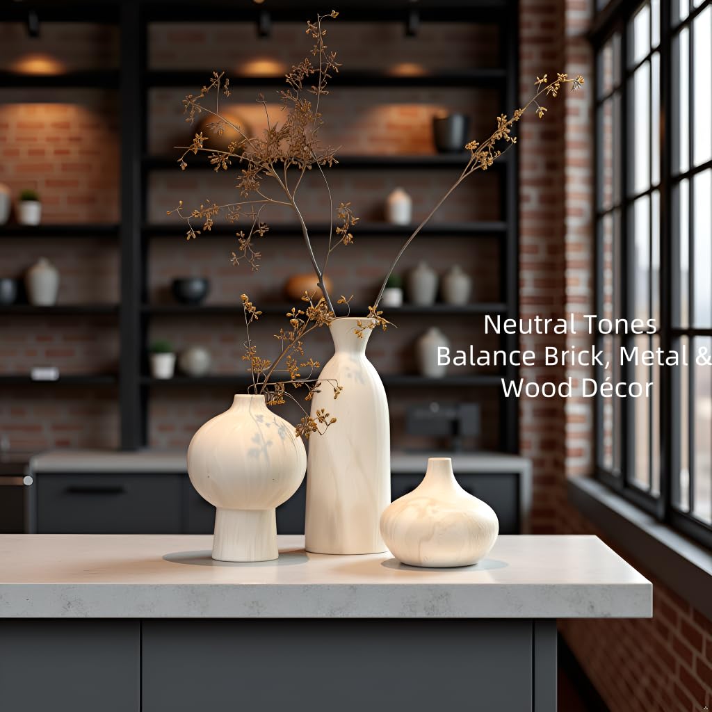 SincereLuxe White Ceramic Vase Set of 3 – Stone-Look Texture, Minimalist Decor