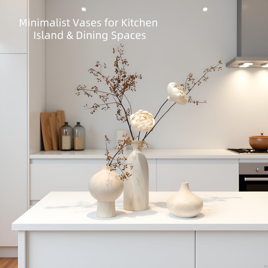 SincereLuxe White Ceramic Vase Set of 3 – Stone-Look Texture, Minimalist Decor