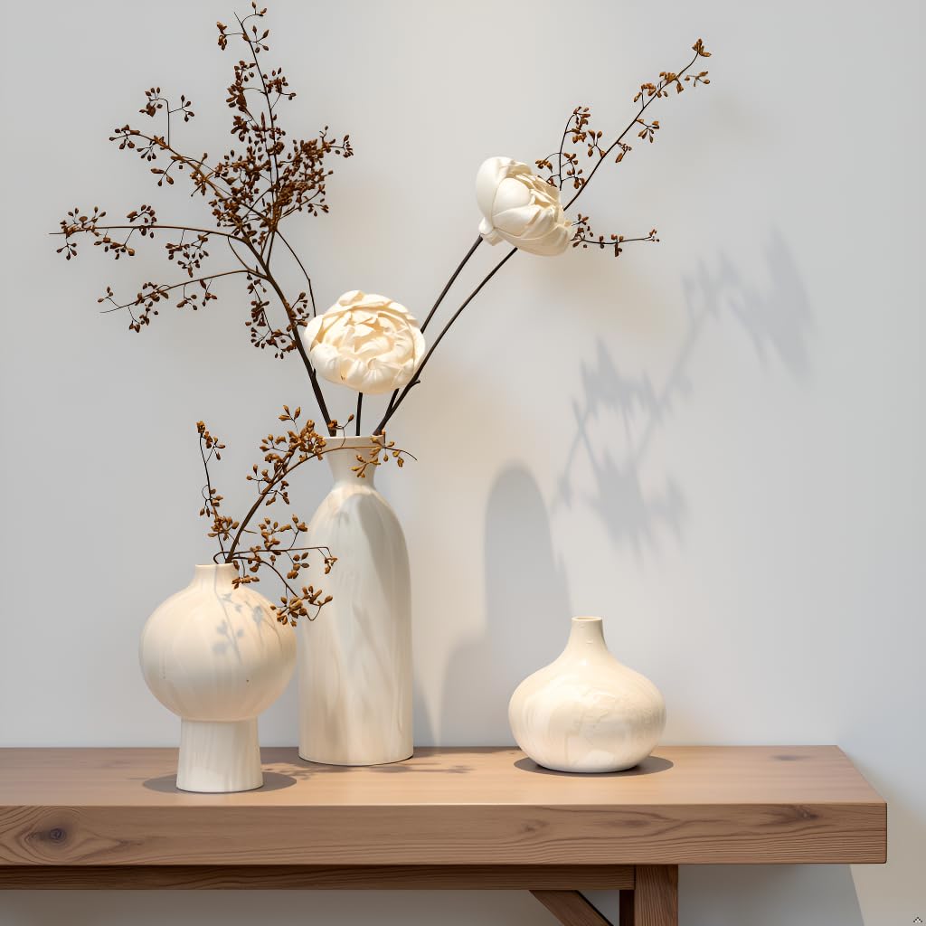 SincereLuxe White Ceramic Vase Set of 3 – Stone-Look Texture, Minimalist Decor