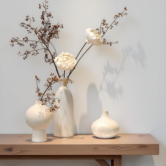 SincereLuxe White Ceramic Vase Set of 3 – Stone-Look Texture, Minimalist Decor