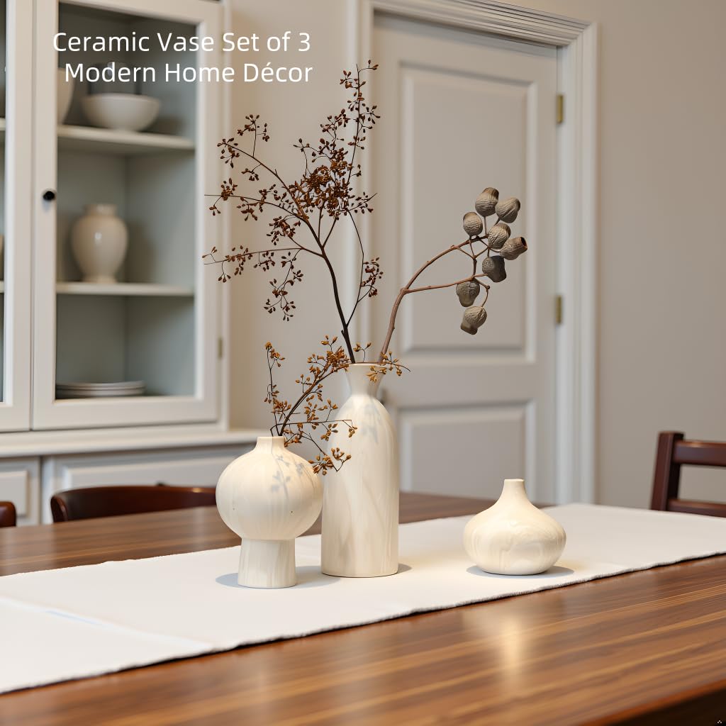 SincereLuxe White Ceramic Vase Set of 3 – Stone-Look Texture, Minimalist Decor