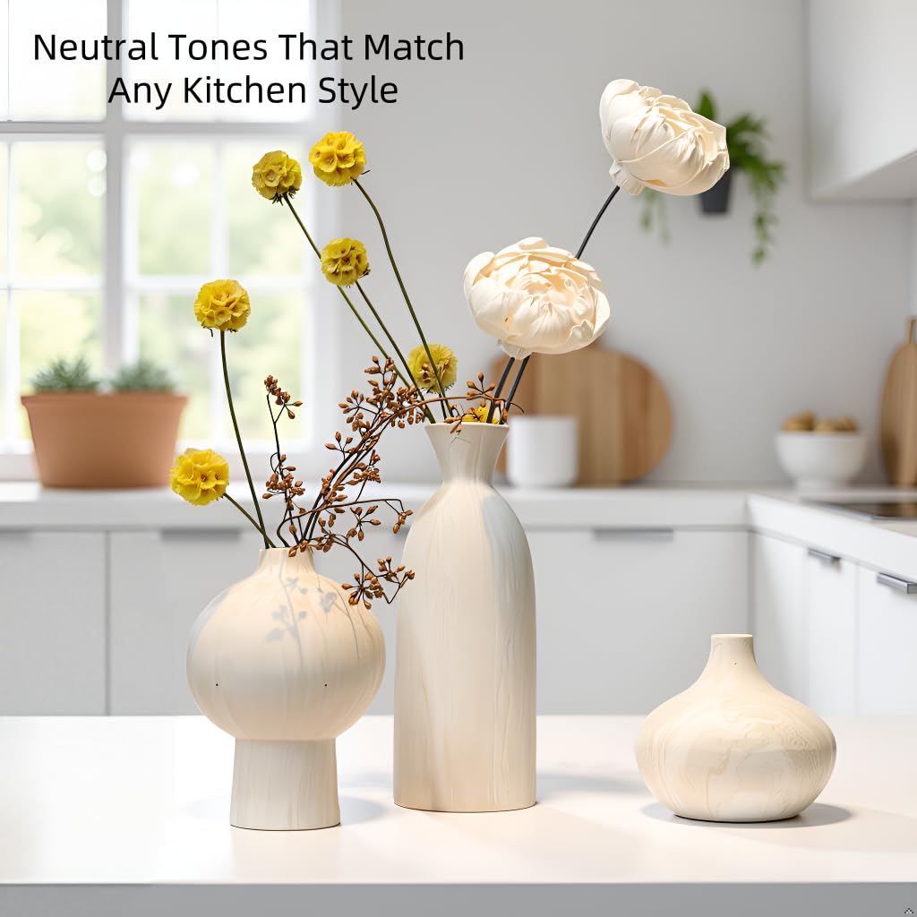 SincereLuxe White Ceramic Vase Set of 3 – Stone-Look Texture, Minimalist Decor