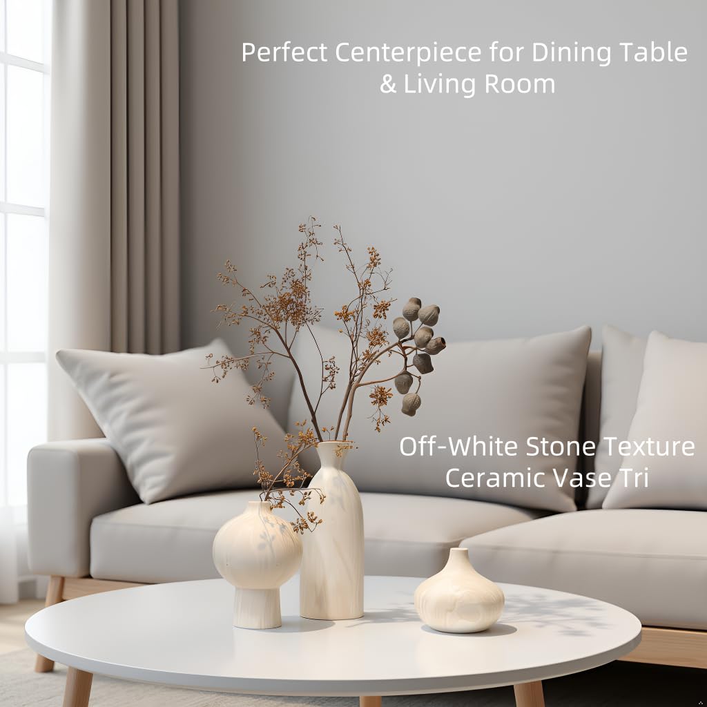 SincereLuxe White Ceramic Vase Set of 3 – Stone-Look Texture, Minimalist Decor