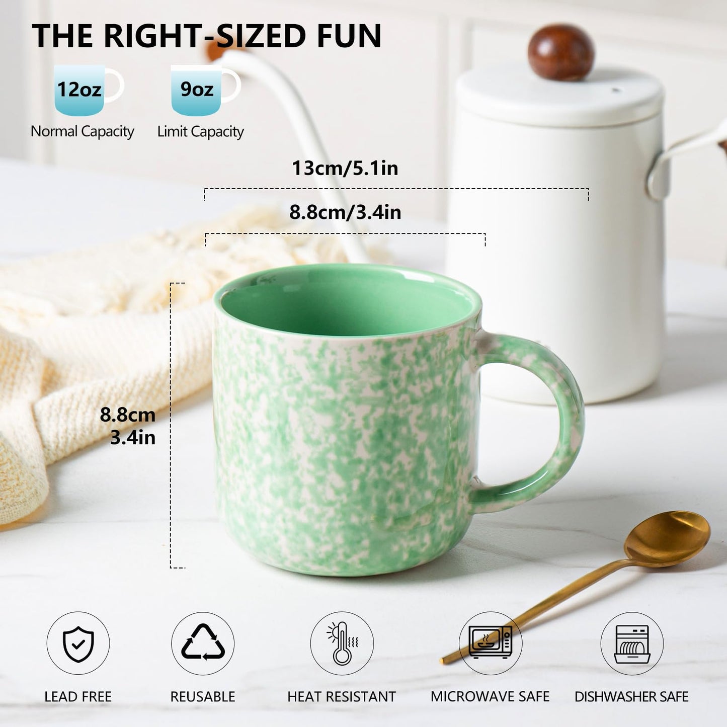 MONITO 12oz Ceramic Coffee Mugs Set of 4 – Unique Glaze, Green