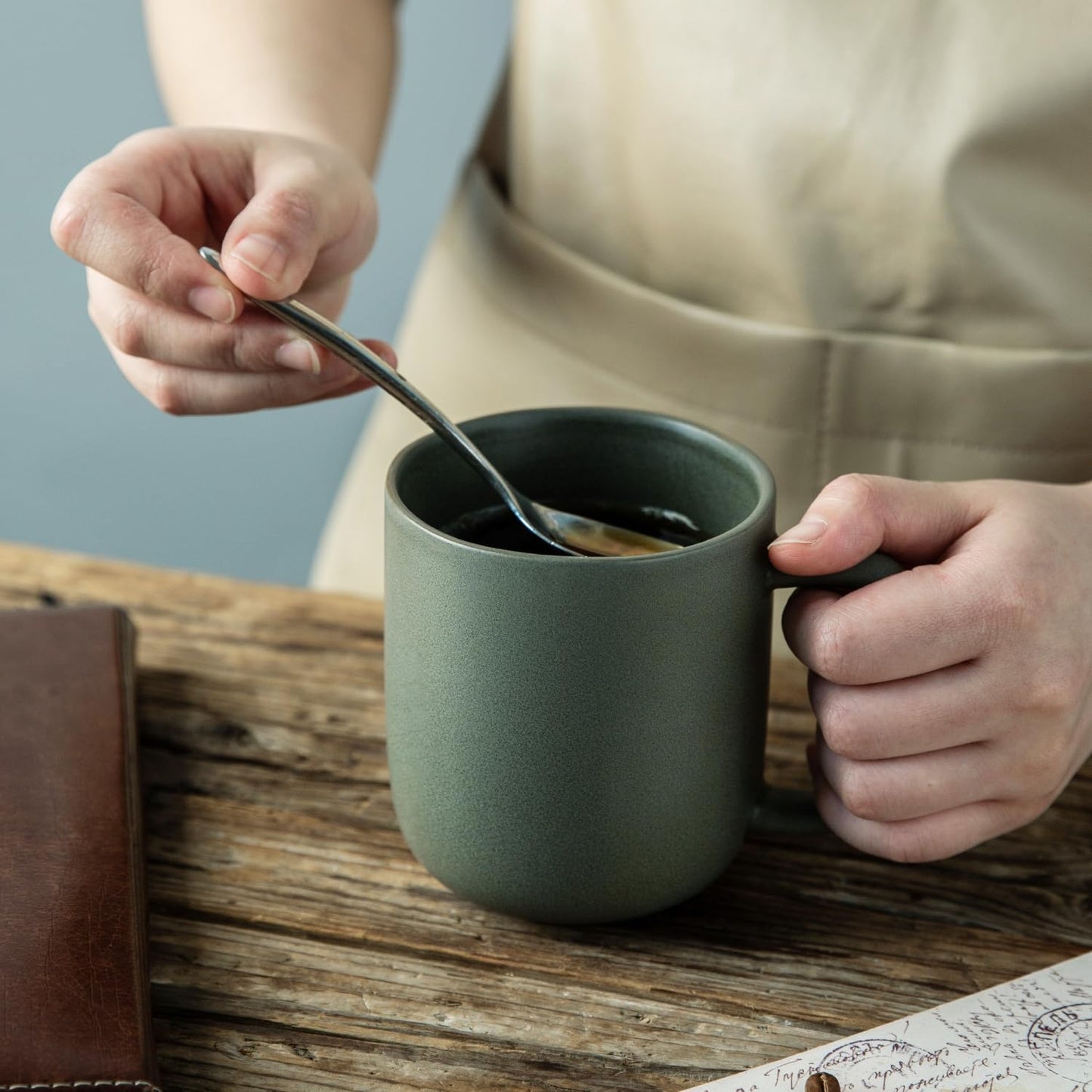 AmorArc 14oz Ceramic Coffee Mugs, Set of 6 – Wavy Rim, Large Handle, Reactive Glaze