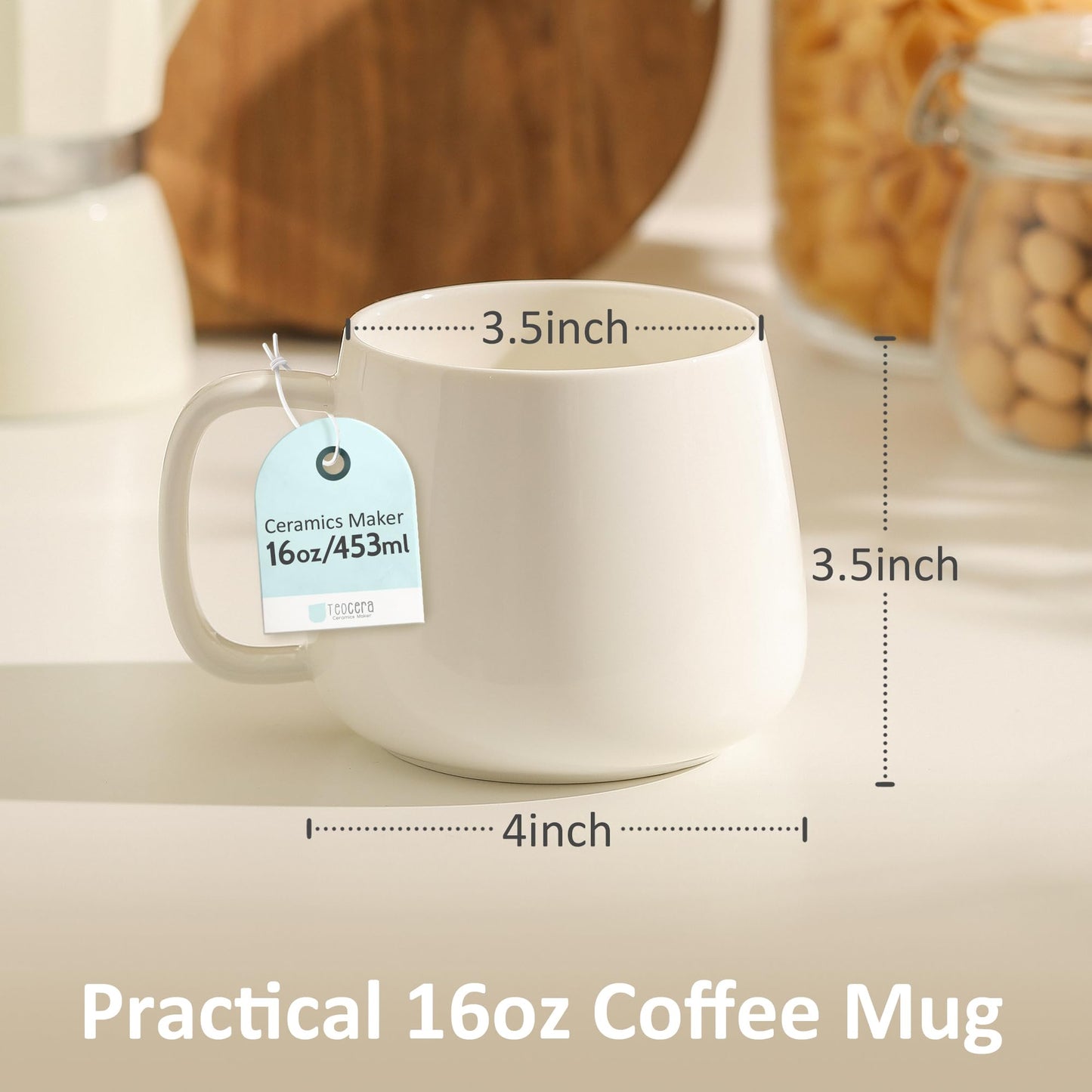 Teocera 16oz Ceramic Coffee Mugs Set of 4 – Stackable, White, Dishwasher Safe