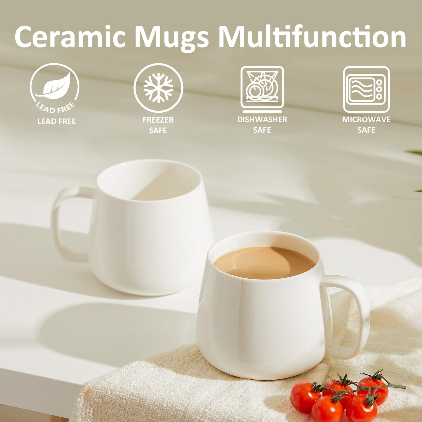Teocera 16oz Ceramic Coffee Mugs Set of 4 – Stackable, White, Dishwasher Safe