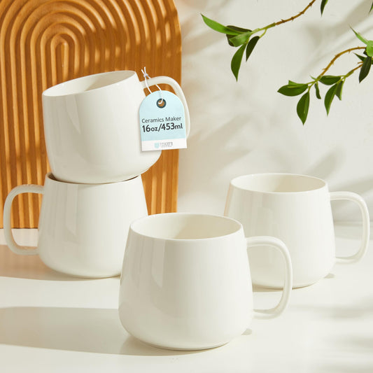 Teocera 16oz Ceramic Coffee Mugs Set of 4 – Stackable, White, Dishwasher Safe