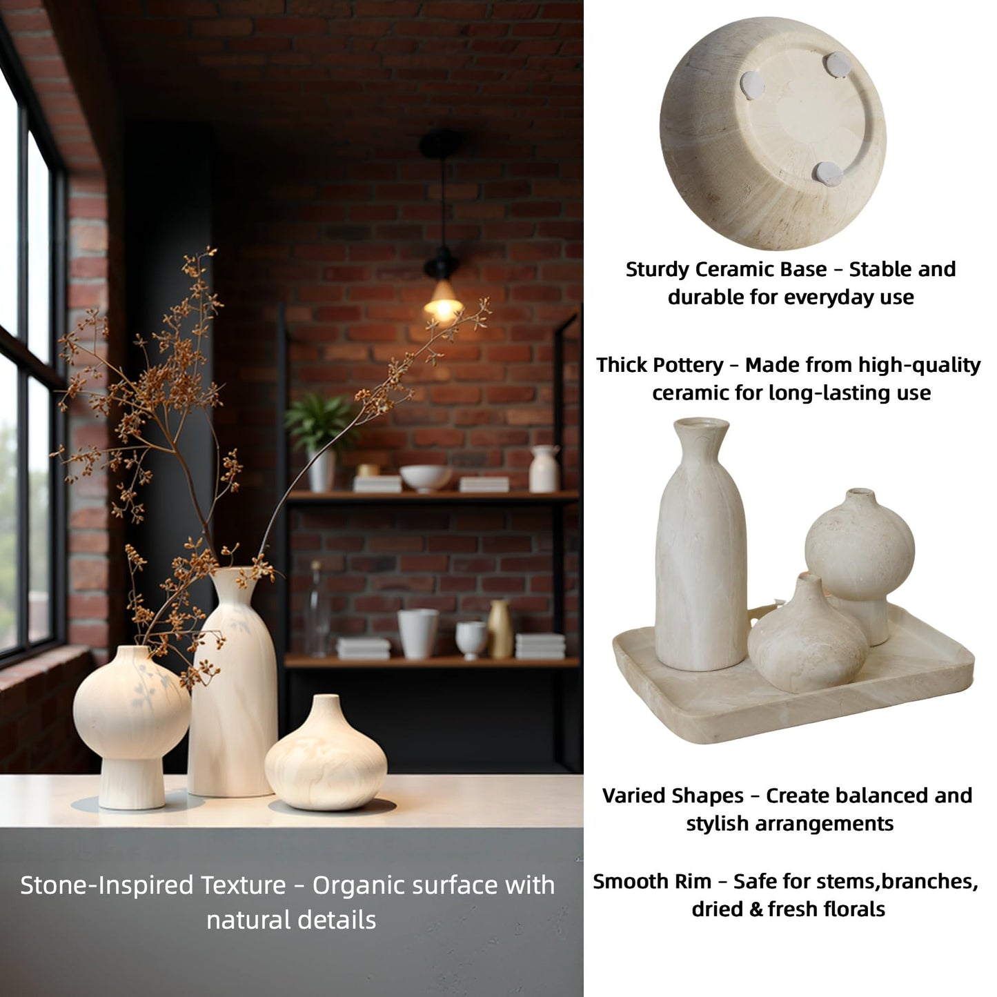 SincereLuxe White Ceramic Vase Set of 3 – Stone-Look Texture, Minimalist Decor