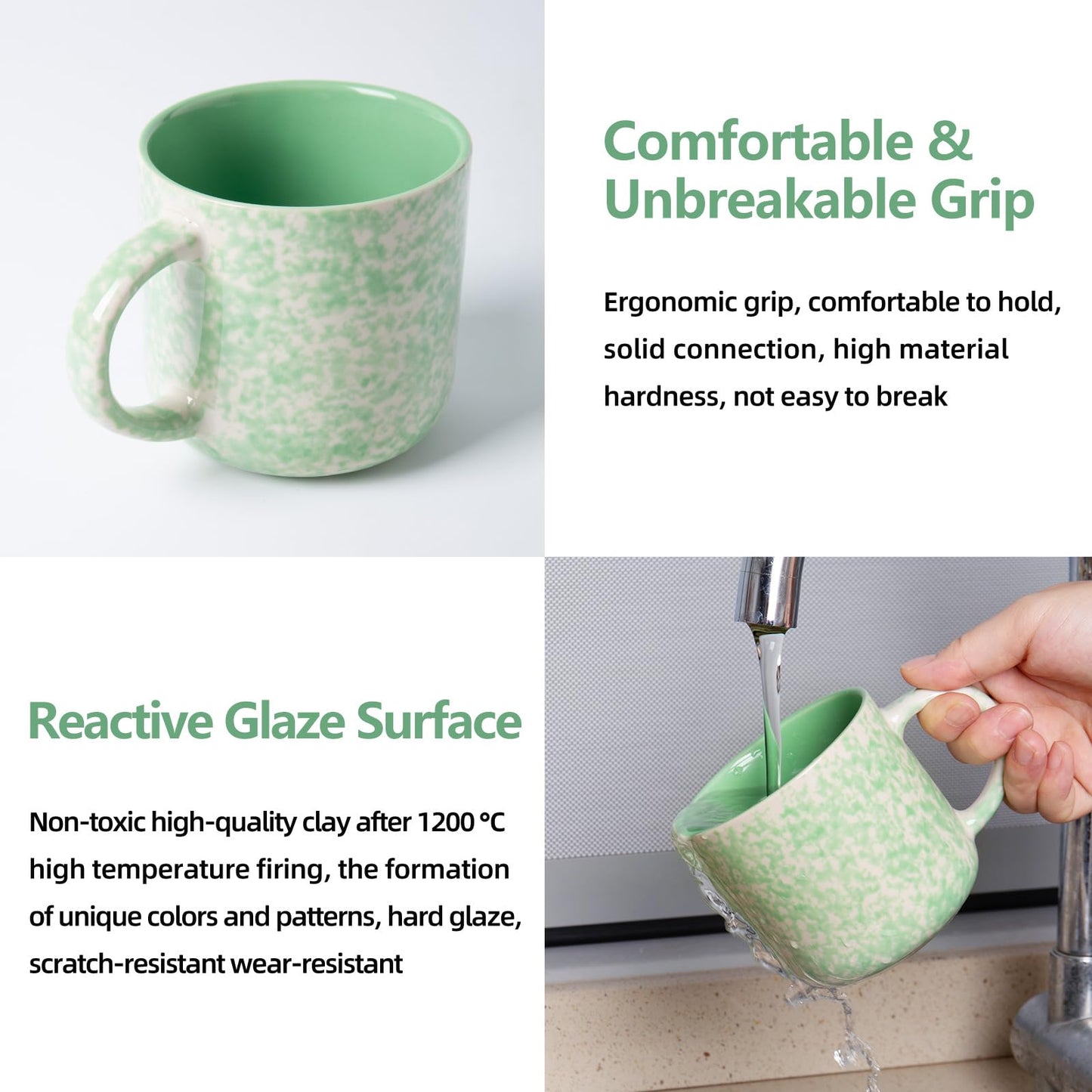 MONITO 12oz Ceramic Coffee Mugs Set of 4 – Unique Glaze, Green