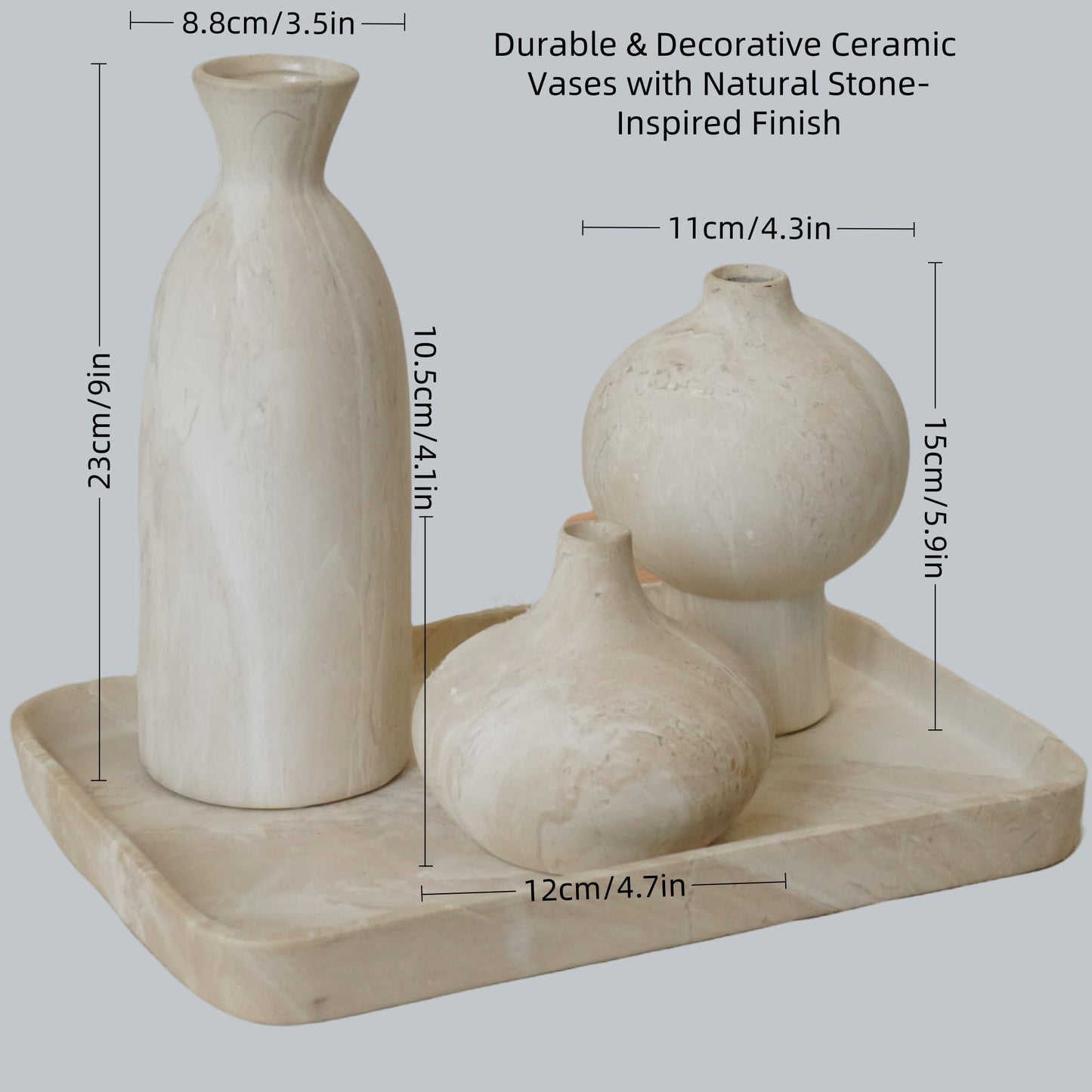 SincereLuxe White Ceramic Vase Set of 3 – Stone-Look Texture, Minimalist Decor