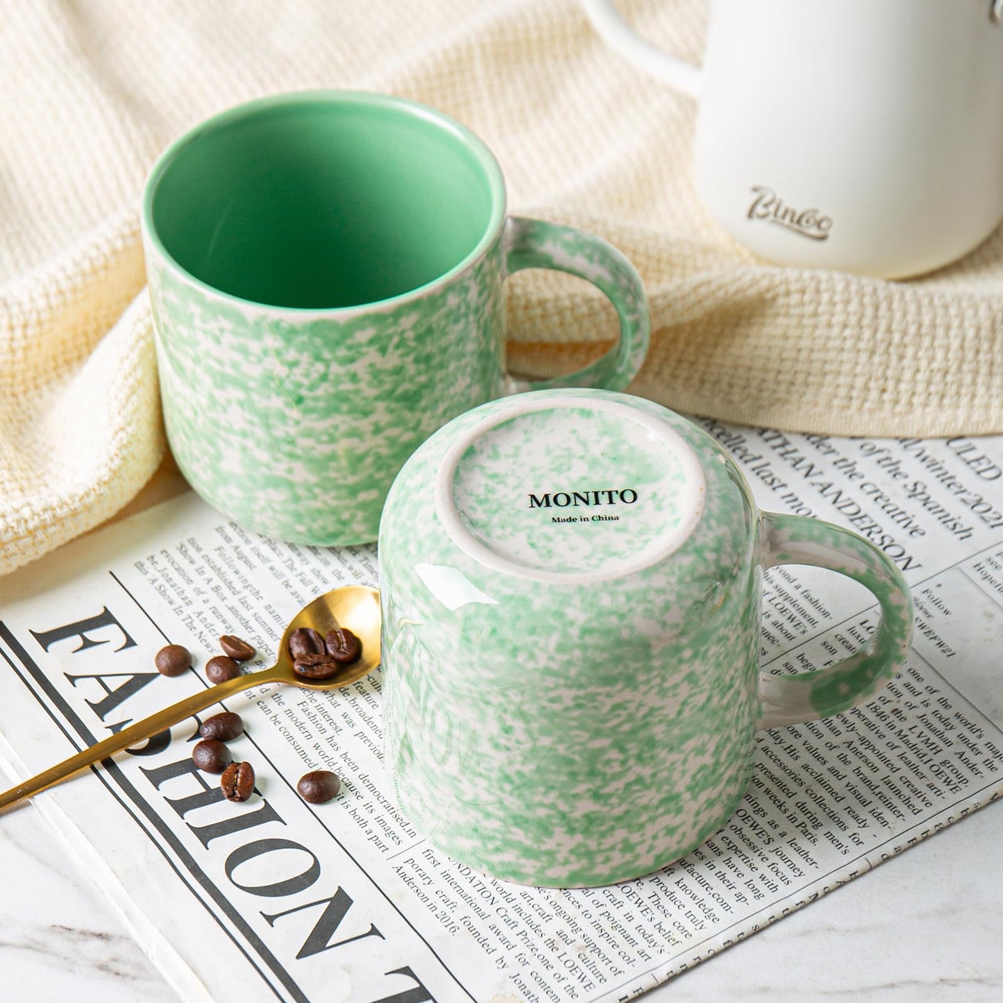 MONITO 12oz Ceramic Coffee Mugs Set of 4 – Unique Glaze, Green