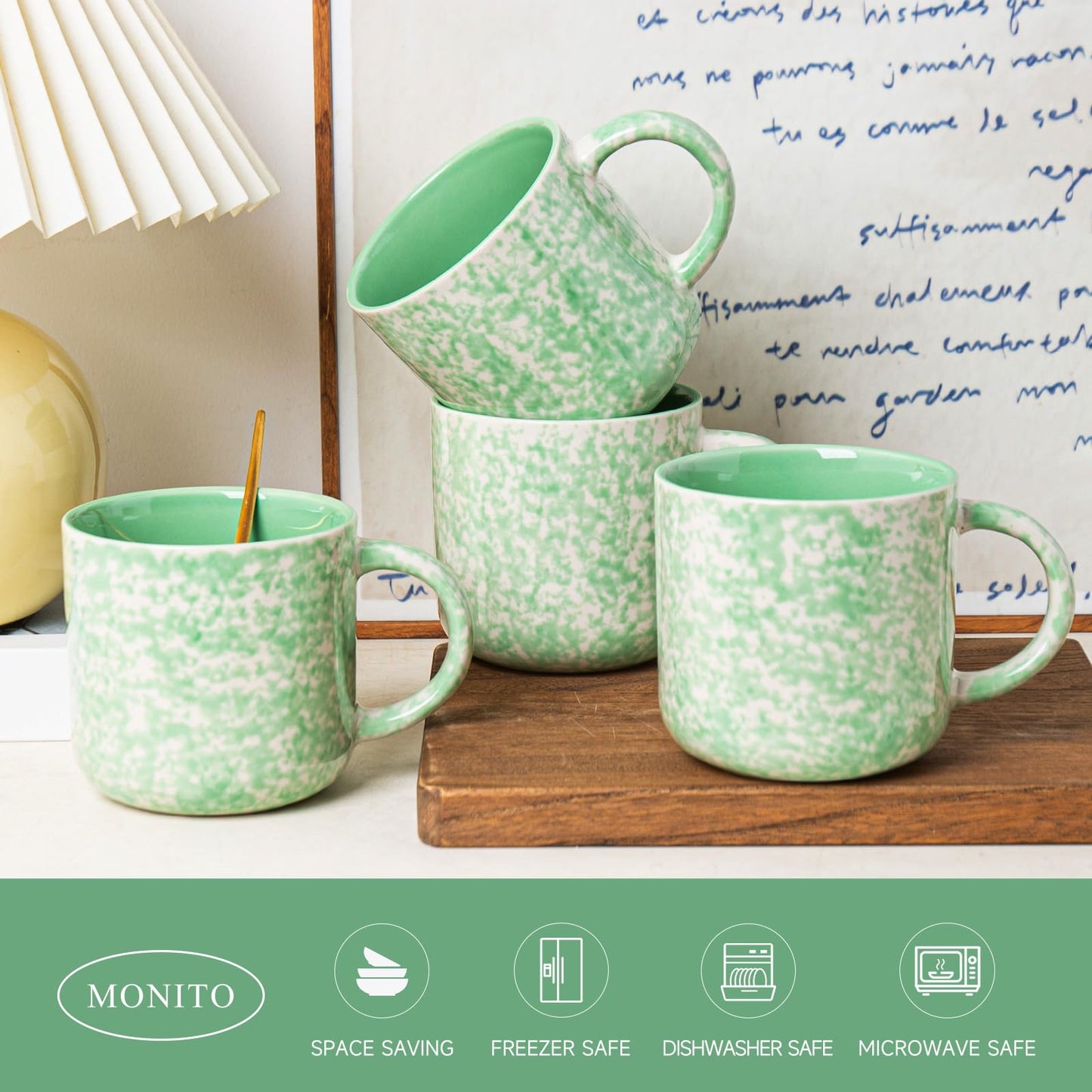 MONITO 12oz Ceramic Coffee Mugs Set of 4 – Unique Glaze, Green