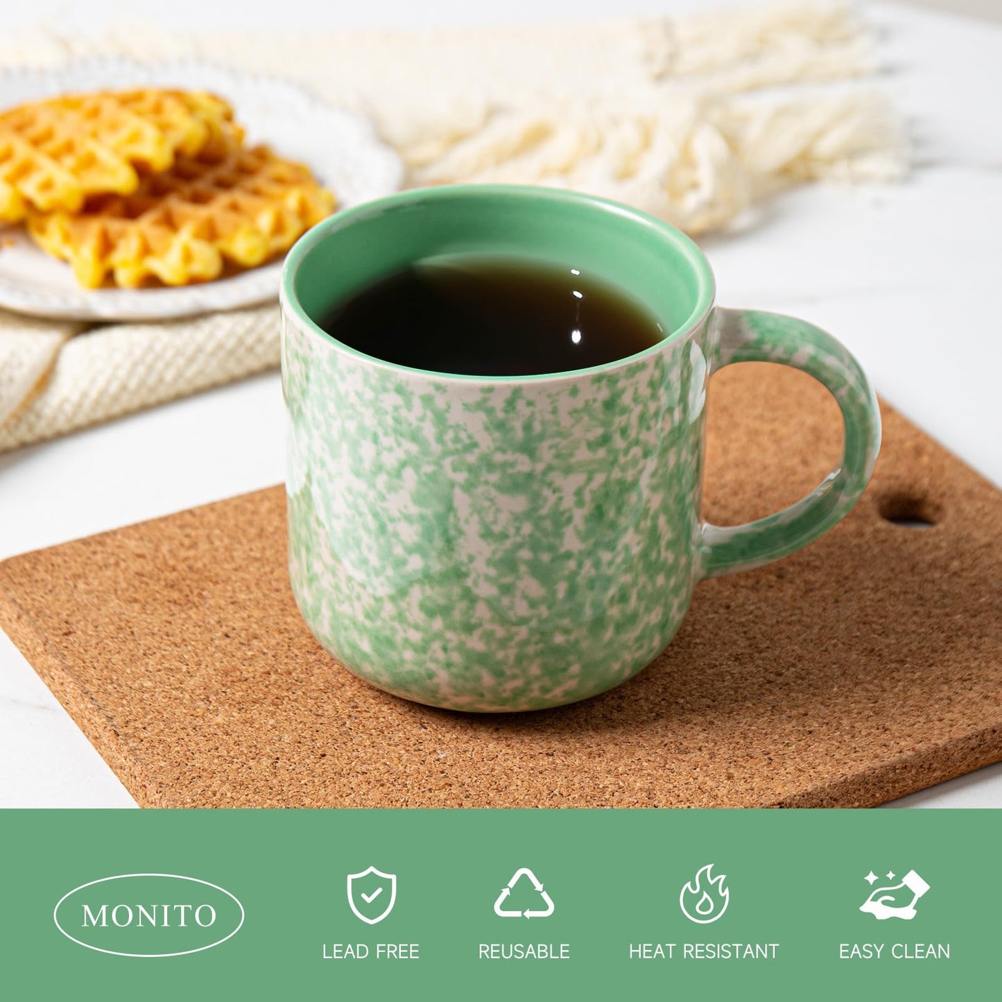 MONITO 12oz Ceramic Coffee Mugs Set of 4 – Unique Glaze, Green