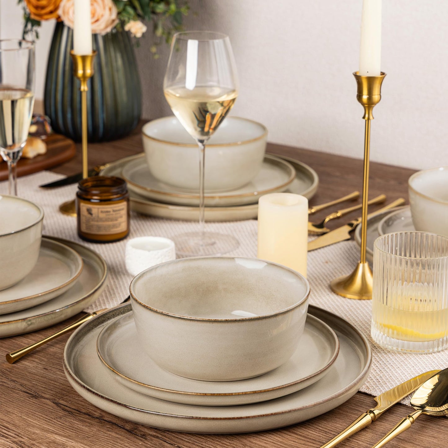 AmorArc Stoneware Dinnerware Set, 24-Piece, Reactive Glaze, Service for 8