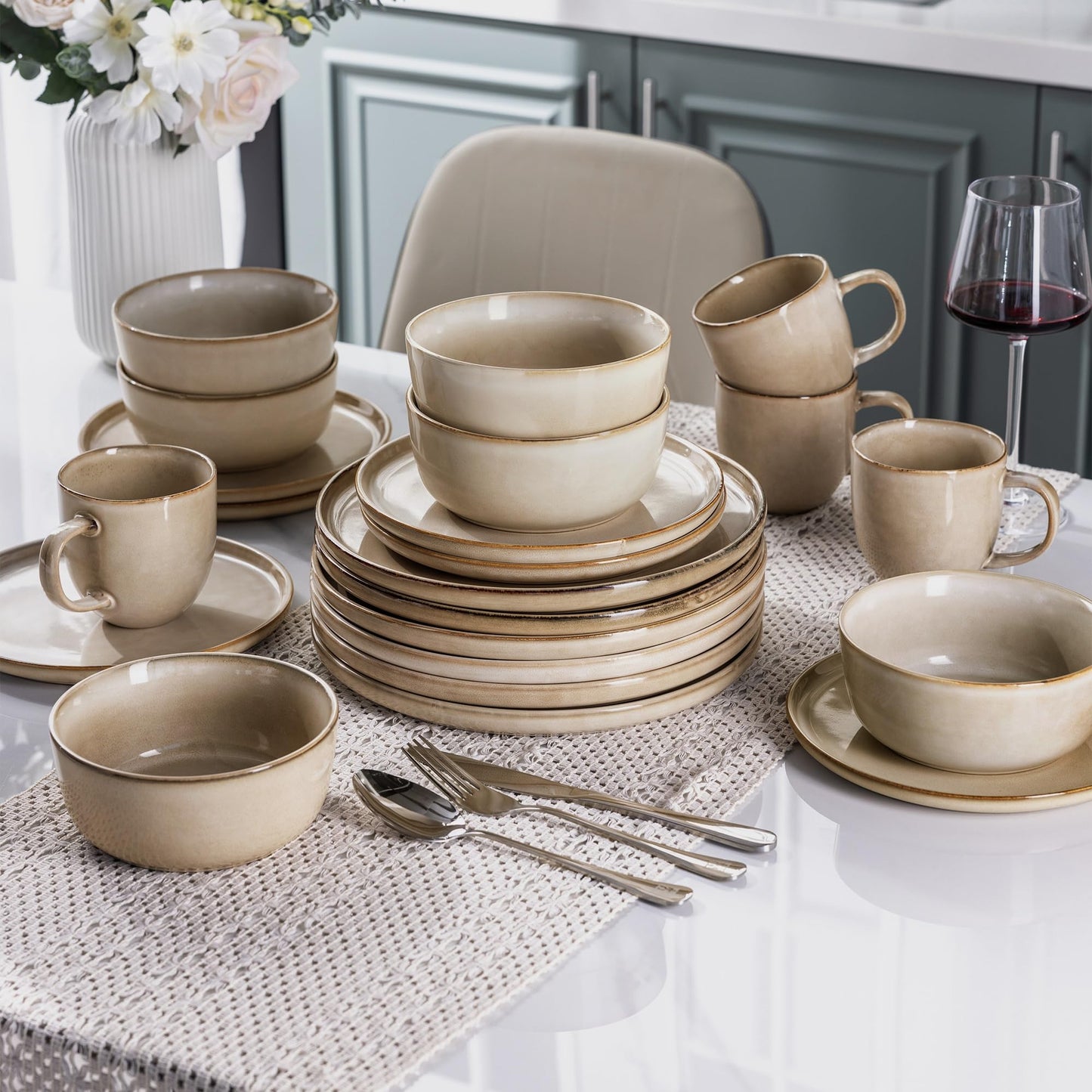AmorArc Stoneware Dinnerware Set, 24-Piece, Reactive Glaze, Service for 8