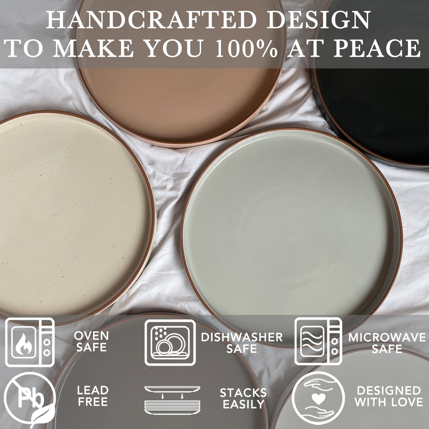 MORA Ceramic Flat Plates Set of 6 – 8-Inch, Scratch Resistant, Neutral