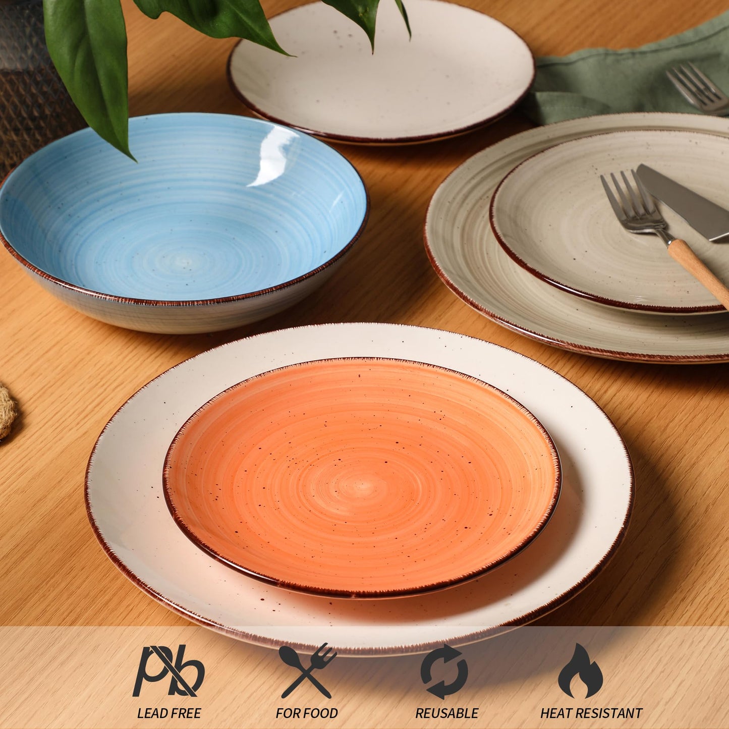 TootieWare Ceramic Dinner Plates Set of 6 – 10.5-Inch, Blue, Dishwasher Safe