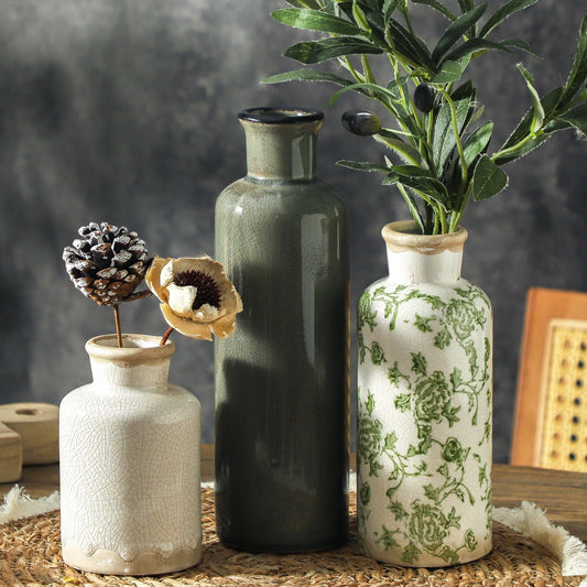 ooit Vintage Ceramic Vase Set of 3 – Chinoiserie Style, Green & Beige