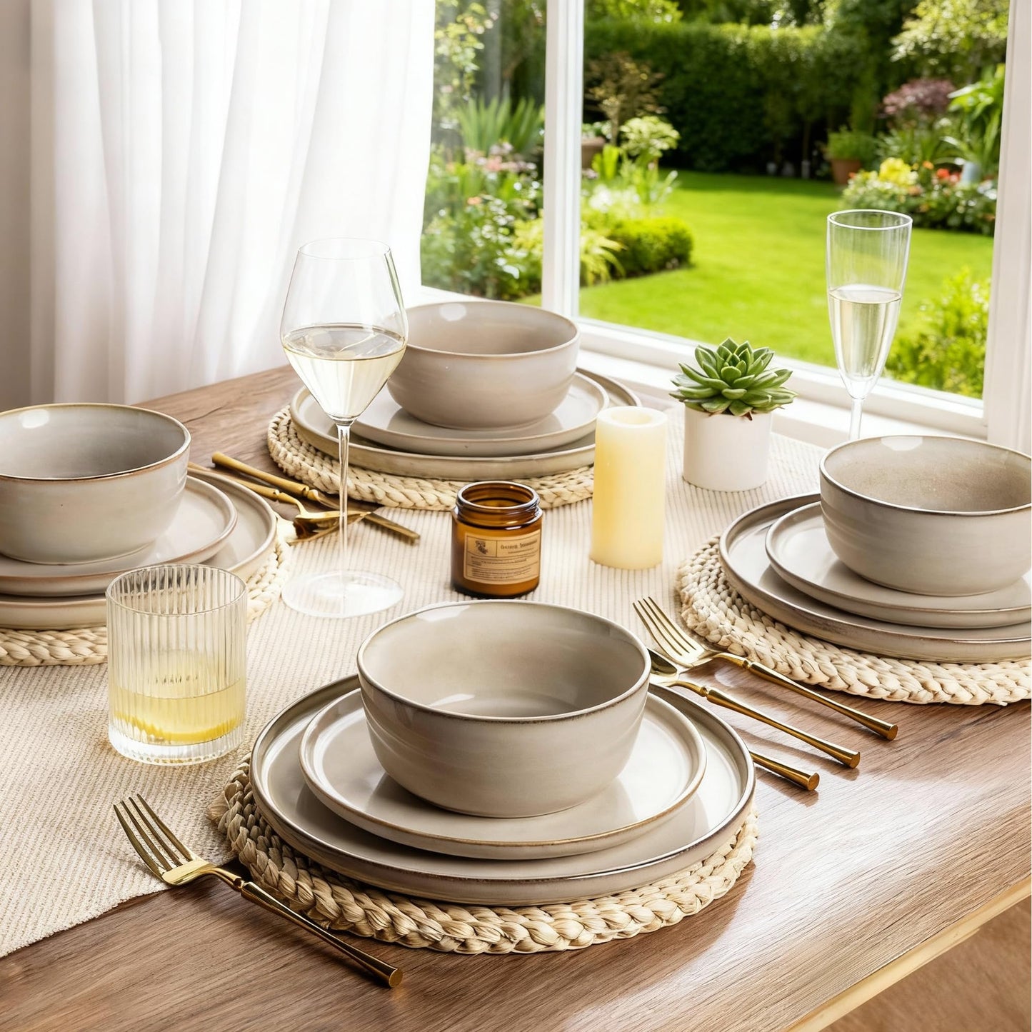 AmorArc Stoneware Dinnerware Set, 24-Piece, Reactive Glaze, Service for 8