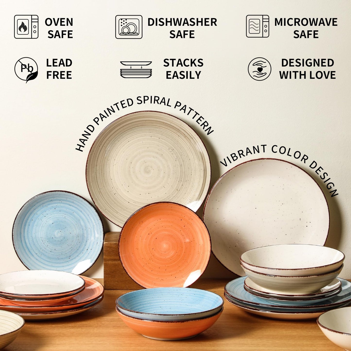 TootieWare Ceramic Dinner Plates Set of 6 – 10.5-Inch, Blue, Dishwasher Safe