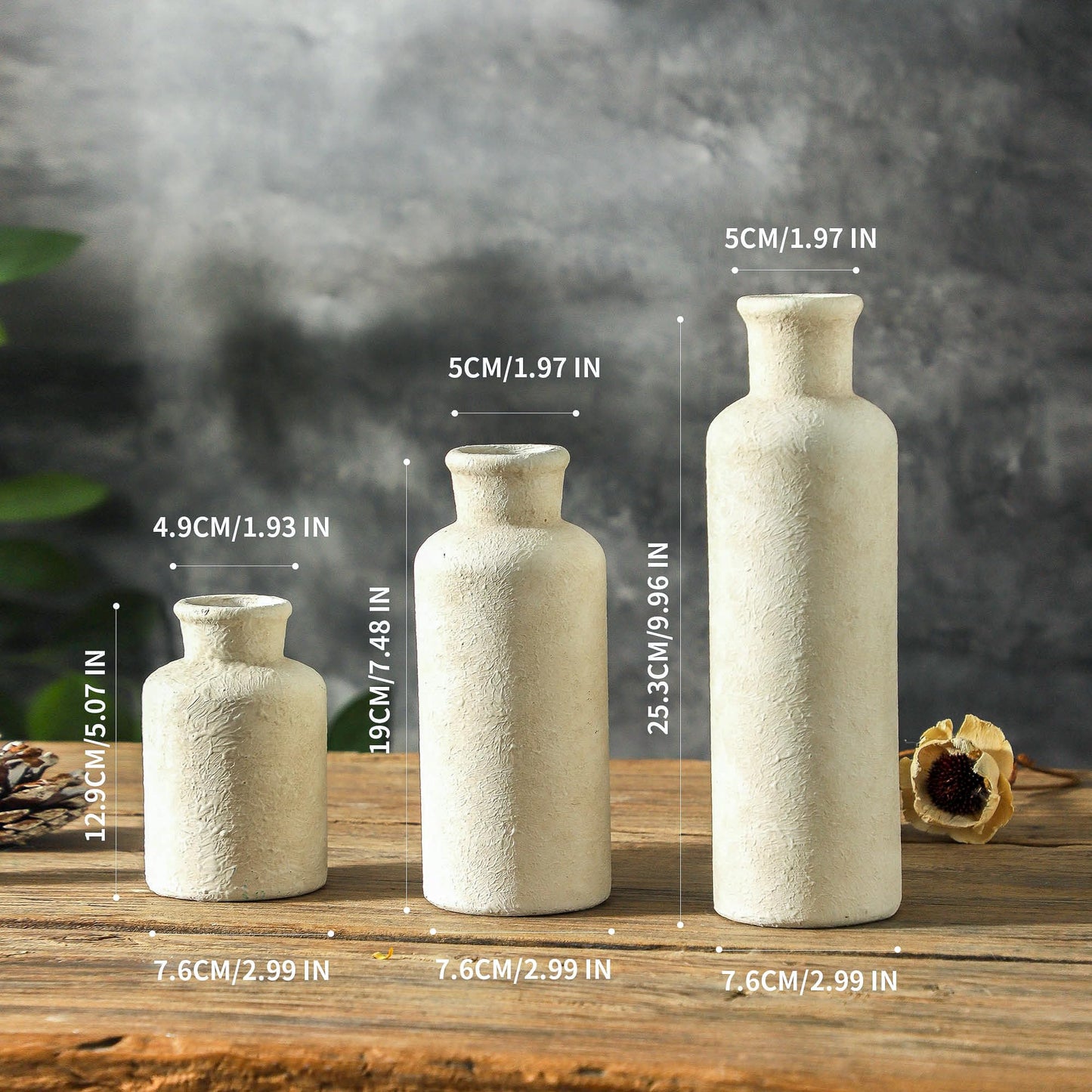 ooit Whitewashed Ceramic Vase Set of 3 – Rustic Farmhouse Home Decor
