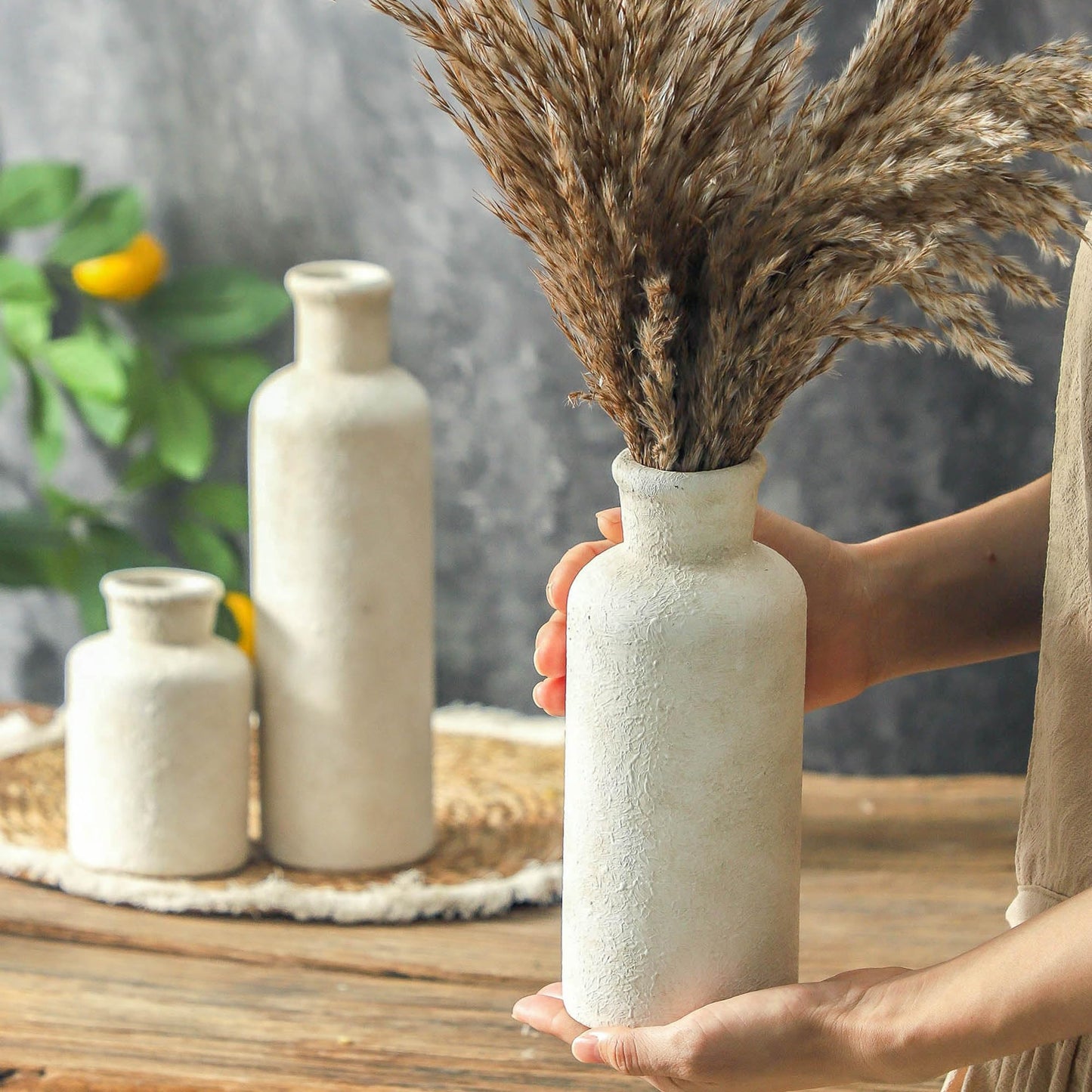 ooit Whitewashed Ceramic Vase Set of 3 – Rustic Farmhouse Home Decor