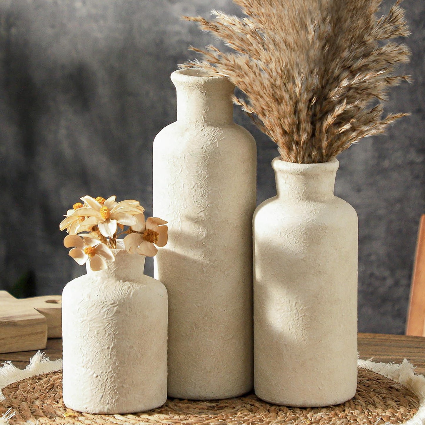 ooit Whitewashed Ceramic Vase Set of 3 – Rustic Farmhouse Home Decor