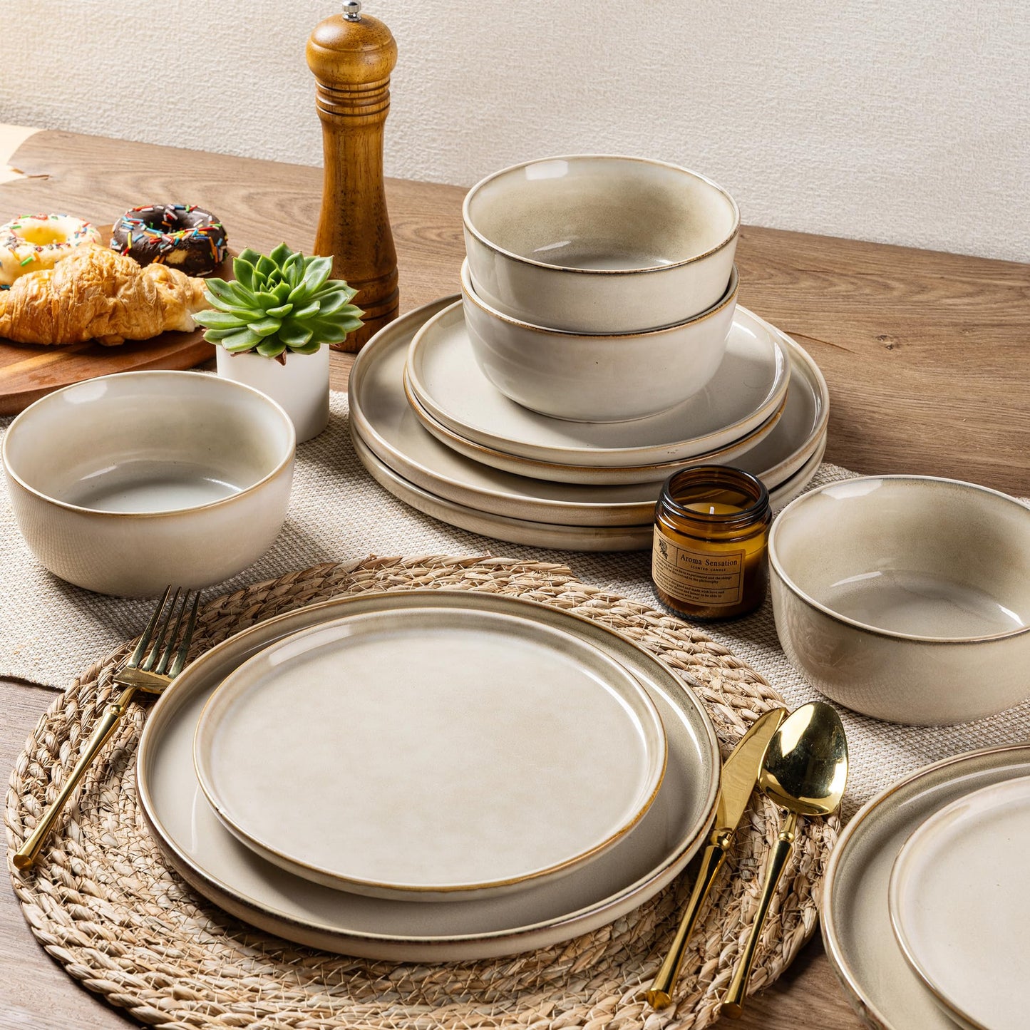 AmorArc Stoneware Dinnerware Set, 24-Piece, Reactive Glaze, Service for 8